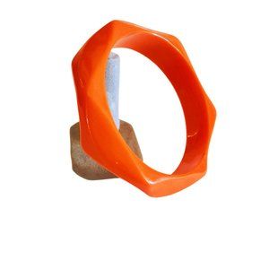 1960s Vintage Mod Bright Orange Chunky Lucite Plastic Bangle Bracelet Faceted